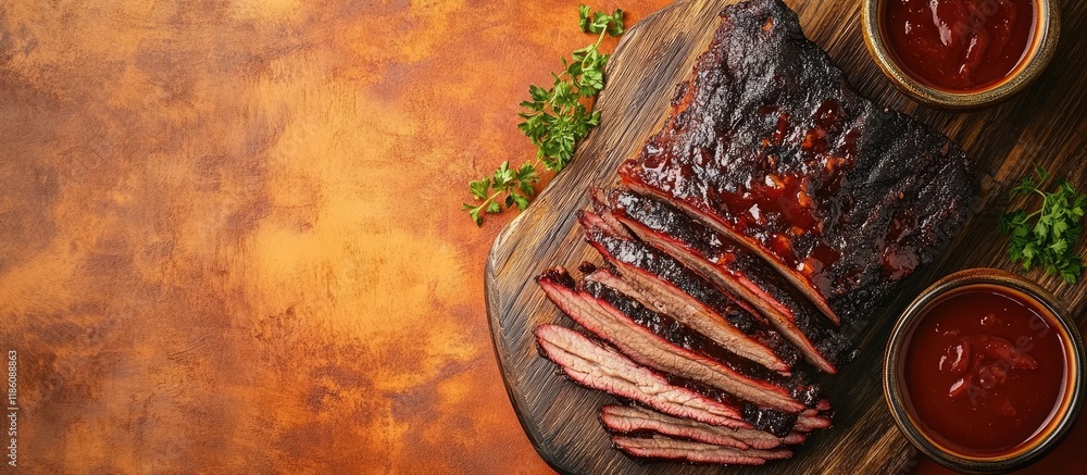 Fototapete Smoked barbecue beef brisket with sauce on a wooden board Orange backdrop Top view. with copy space image. Place for adding text or design
