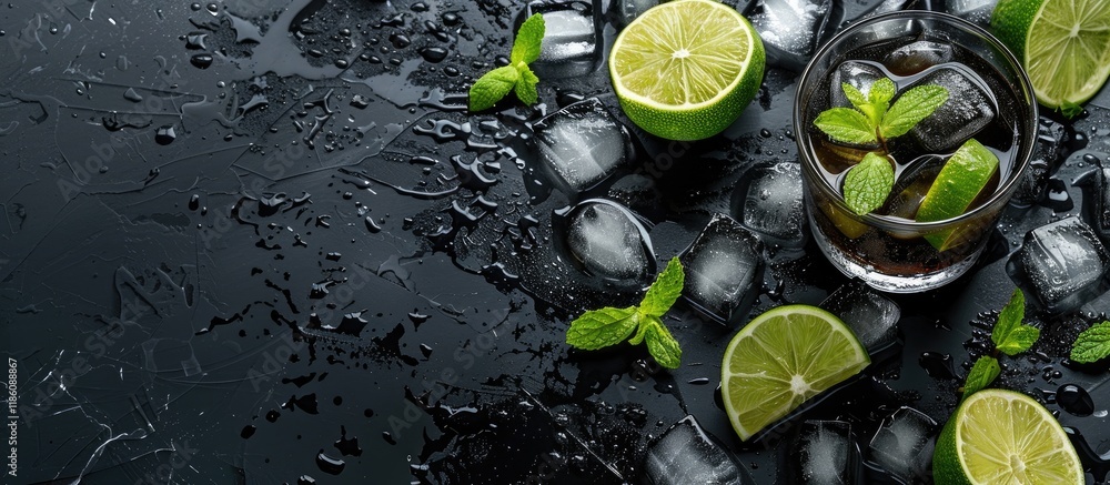 Poster refreshing soda drink with ice cubes lime slices and mint on a black table banner layout with space 