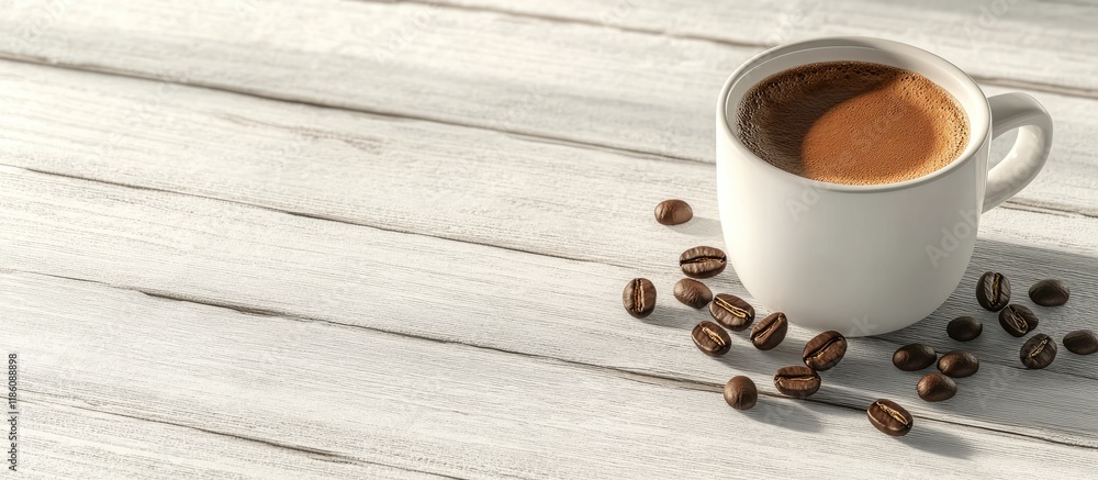 Aufkleber coffee cup with coffee beans set against a white wooden background. with copy space image. place for