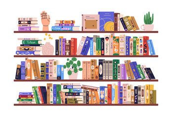 Book shelves. Home library collection on bookshelf. Bookcase, fiction and education literature, novels, encyclopedias for reading and studying. Flat vector illustration isolated on white background © Good Studio