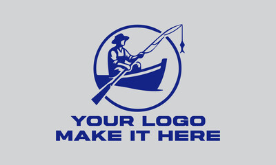 Blue fisherman actively rows boat, fishing with rod. Ideal for fishing,  illustration vector background outdoor, and adventurethemed designs. Great for fishing enthusiasts