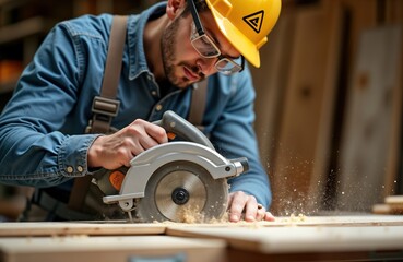 Close-up view of young carpenter using circular saw. Focused on cutting piece of wood in workshop. Sawdust flying around tool. Safety equipment like hard hat, safety glasses visible. Image ideal for