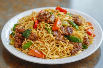 Chinese noodles with vegetables and beef 