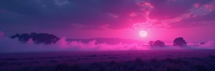 Fototapeta premium Purple and pink mist enveloping a dark landscape, pink, dark sky