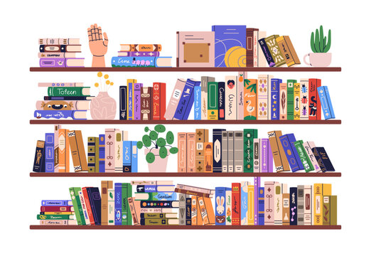 Book shelves. Home library collection on bookshelf. Bookcase, fiction and education literature, novels, encyclopedias for reading and studying. Flat vector illustration isolated on white background