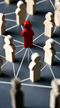 Red block standing in the middle surrounded by beige figures symbolizing Employee Provident Fund, EPF account leadership, employee benefits, and inclusion
