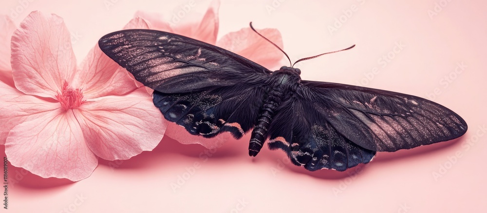 Poster Black Moth Odezia atrata resting on a pink flower. with copy space image. Place for adding text or design