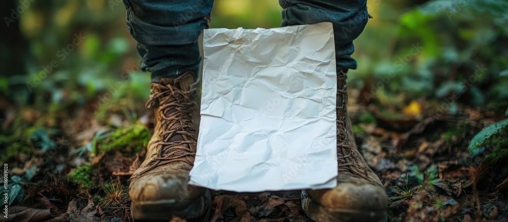 Leinwandbilder Blank form crumpled paper beneath your feet in the forest intended for designers to add text. with copy space image. Place for adding text or design