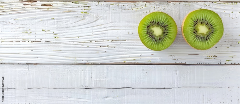 Leinwandbilder two halves of kiwifruit on a white wooden surface. with copy space image. place for adding text or d