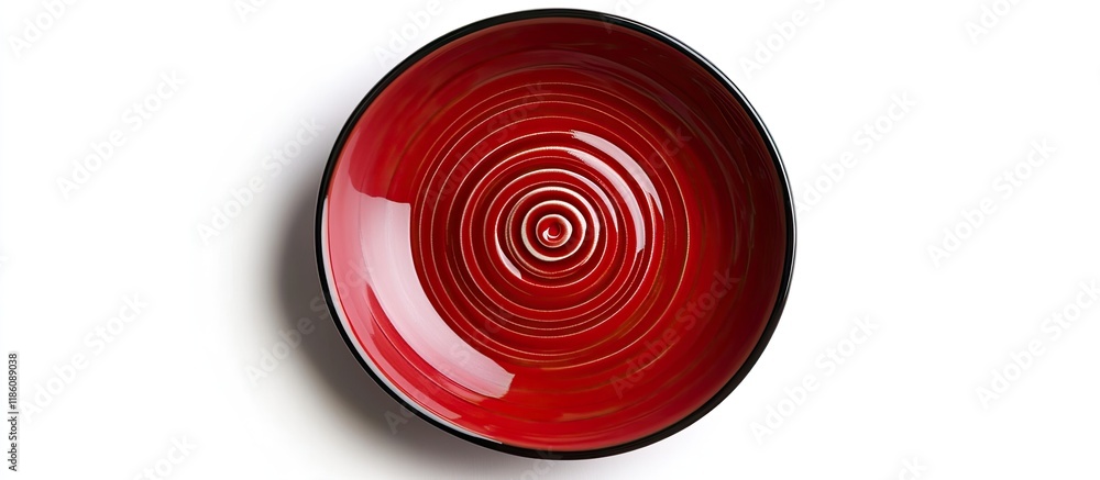 Aufkleber red ceramic plate featuring a spiral design on a white background top view with copy space