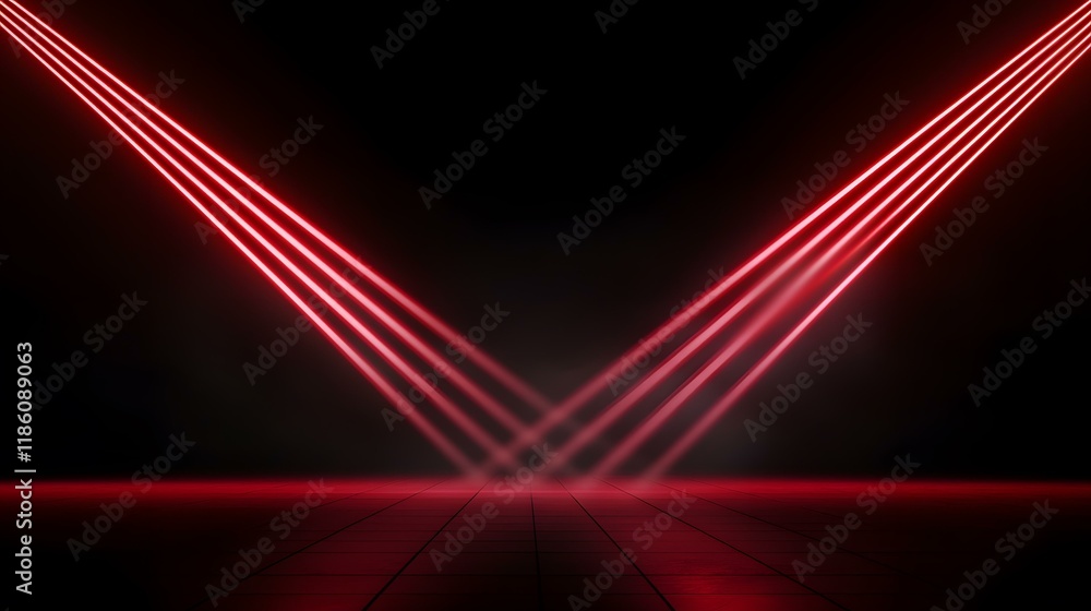 Poster the image contains a dark room with a tiled floor, illuminated by several bright red beams of light 
