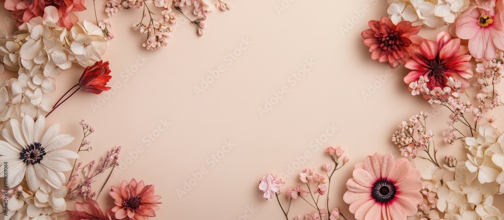 Fototapete flat lay arrangement featuring various lovely flowers on a beige backdrop with space for text. with 