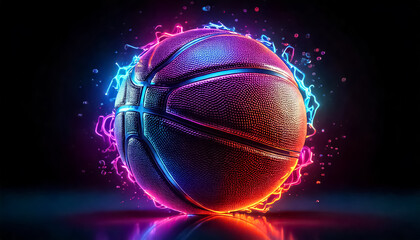 colorful glowing neon basketball , dark background