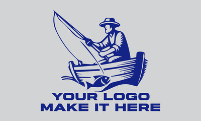 Blue fisherman actively rows boat, fishing with rod. Ideal for fishing,  illustration vector background outdoor, and adventurethemed designs. Great for fishing enthusiasts