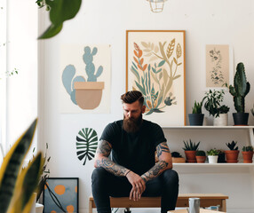 Modern Tattooed Man in Relaxed Home Setting with Indoor Plants and Botanical Wall Art