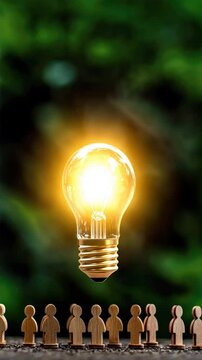 Glowing light bulb hovering over wooden toy people on the ground representing Employee Provident Fund, EPF account innovation, employee savings, and teamwork