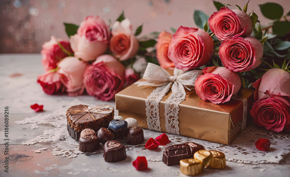 Poster box of chocolates and a bouquet of roses are on a table. the chocolates are in various shapes and si
