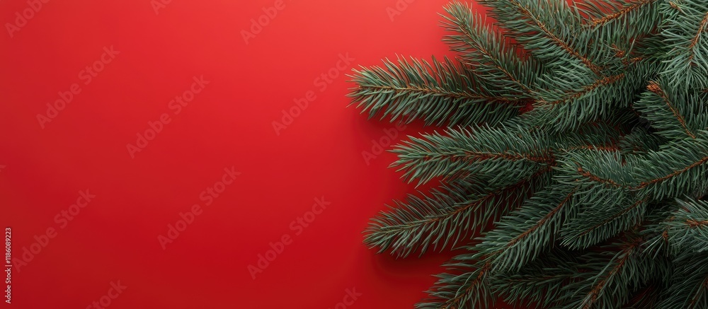 Fototapete christmas decoration featuring a fir tree on a red background. with copy space image. place for addi
