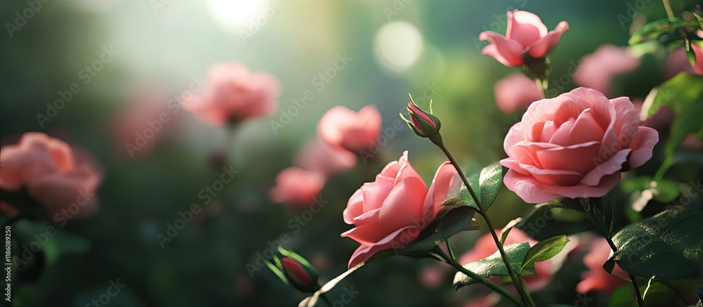 Poster pink roses in the garden. with copy space image. place for adding text or design