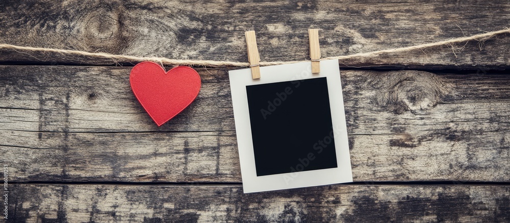 Aufkleber Instant photo and paper heart hanging on a clothesline with no words against an old wood backdrop. with copy space image. Place for adding text or design
