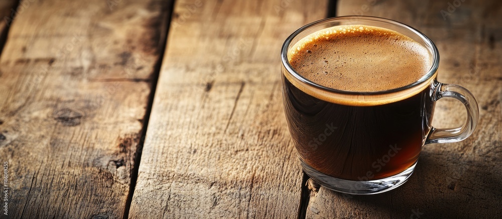 Aufkleber Coffee A glass coffee cup on a wooden surface Vintage style. with copy space image. Place for adding text or design