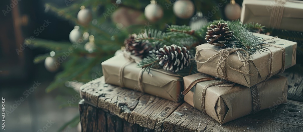 Poster christmas gifts create an atmospheric scene with a christmas tree and pine cones on a rustic wooden 