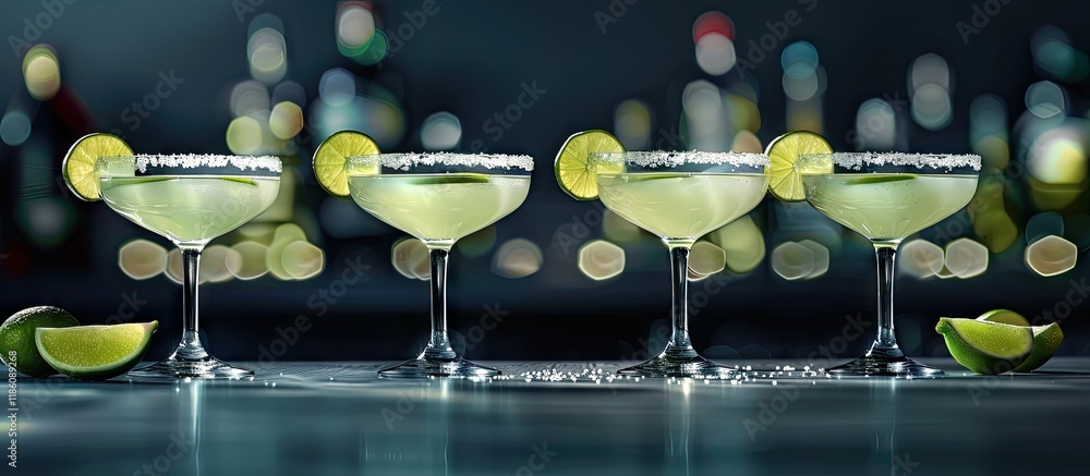 Aufkleber four glasses of classic margarita cocktails with a salted rim and lime wedges. with copy space image