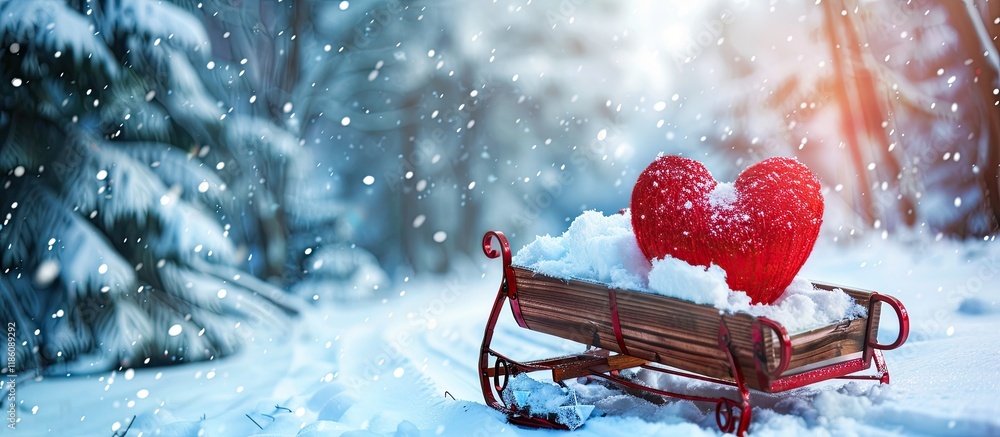 Poster heart shaped gift box on a sleigh in a snowy forest background for valentine s day. with copy space 