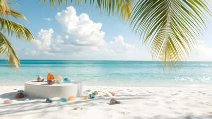 3D Podium with Copy Space. Serene Tropical Beach with Palm Trees, Beautiful Colorful Stones and Modern White Podium for Product Showcase. Generative AI.