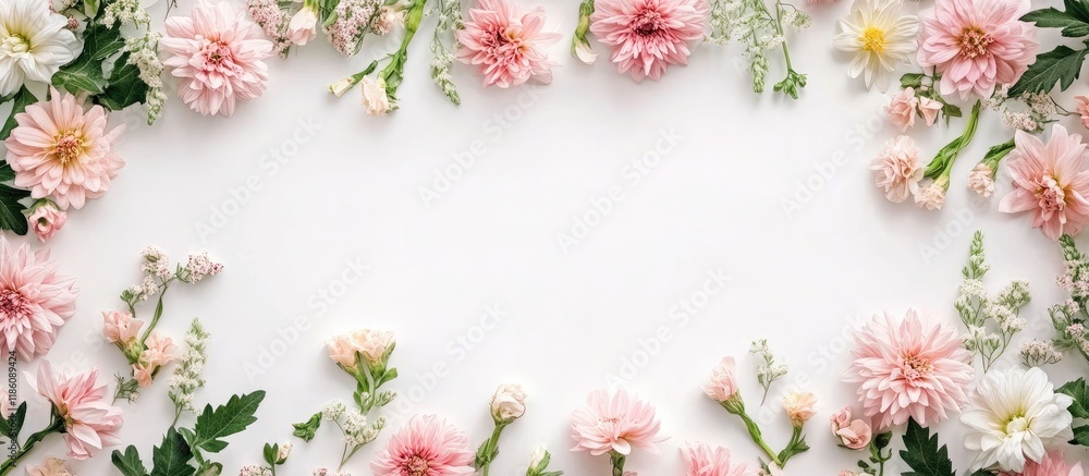 Aufkleber A frame created from lovely flowers on a white background flat lay style with room for text Floral arrangement. with copy space image. Place for adding text or design