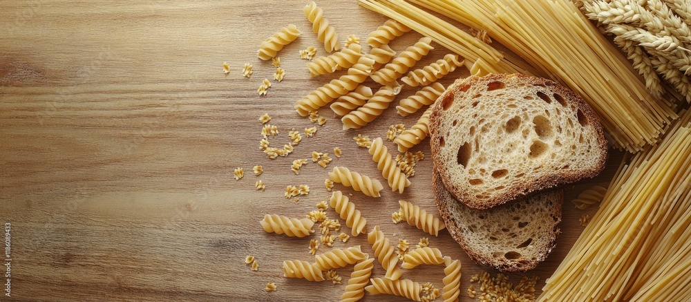 Poster wheat grains alongside dry pasta and a slice of bread on a wooden surface. with copy space image. pl