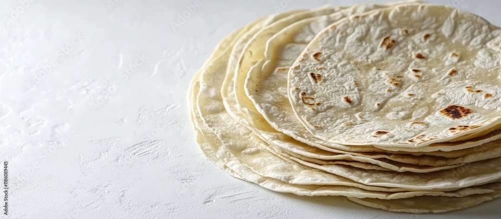 Poster A pile of delicious homemade tortillas on a white table with space for text. with copy space image. Place for adding text or design