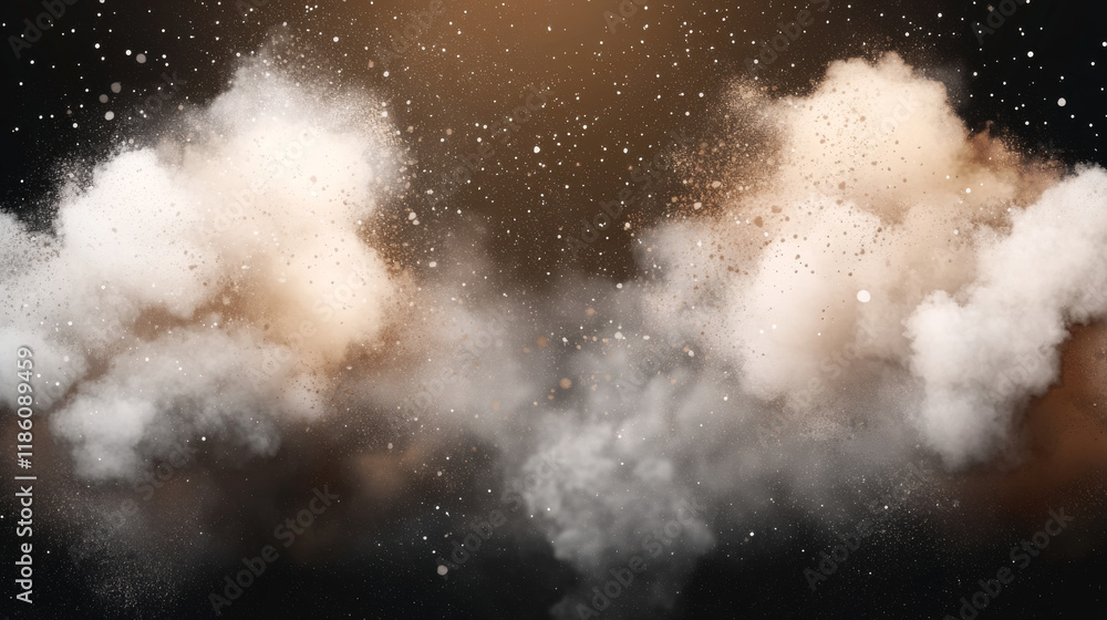 Poster dust explosions with rectangle and round banner. splashes of brown and white powder isolated on tran