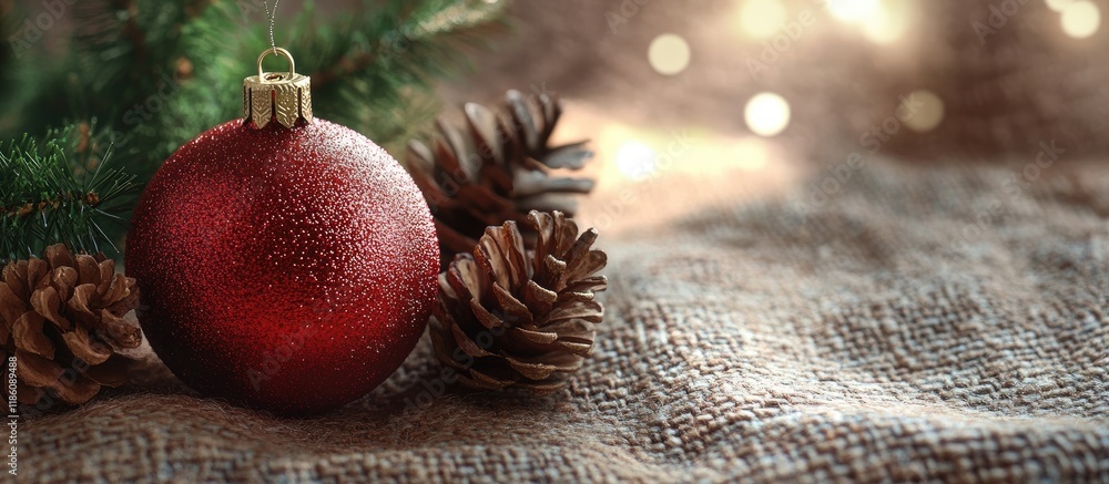 Aufkleber Christmas toys on a fabric background. with copy space image. Place for adding text or design