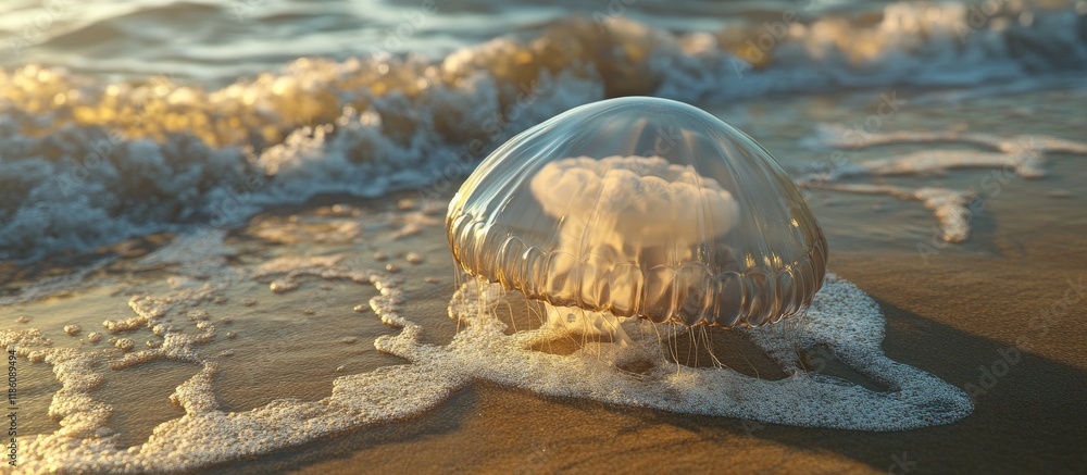 Poster a jellyfish washed up on the beach during low tide. with copy space image. Place for adding text or design