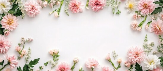 Obraz premium A frame created from lovely flowers on a white background flat lay style with room for text Floral arrangement. with copy space image. Place for adding text or design