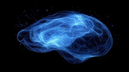 Holographic brain structure rendered in wireframe, floating in digital void. Electric blue and white energy threads weave through the neural pathways. Particles of light drift between synaptic