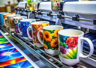 High-resolution images reveal the panoramic sublimation process for custom mug printing.