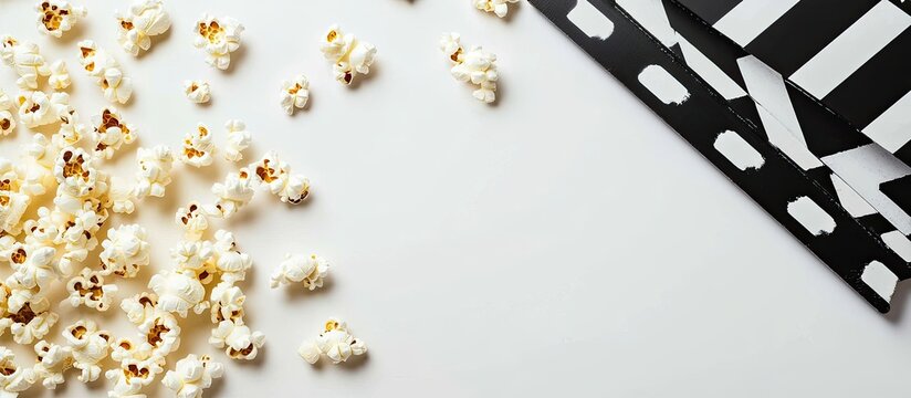Black clapperboard or movie slate with popcorn on a white background Concept related to the cinema industry video production and film. with copy space image. Place for adding text or design