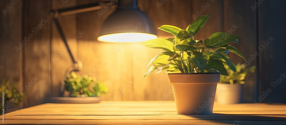 Poster Close up of the green plant pot placed on the wooden working table illuminated by the lamp light. with copy space image. Place for adding text or design