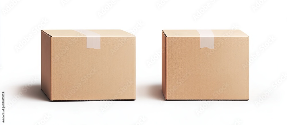 Poster Two brown cardboard boxes isolated on white. with copy space image. Place for adding text or design