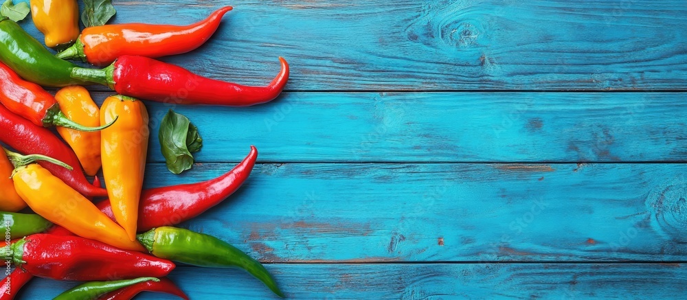 Poster colorful background of peppers on a blue wooden table. with copy space image. place for adding text 