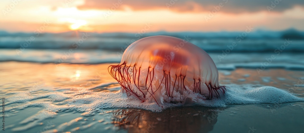 Poster a jellyfish washed up on the beach during low tide. with copy space image. Place for adding text or design