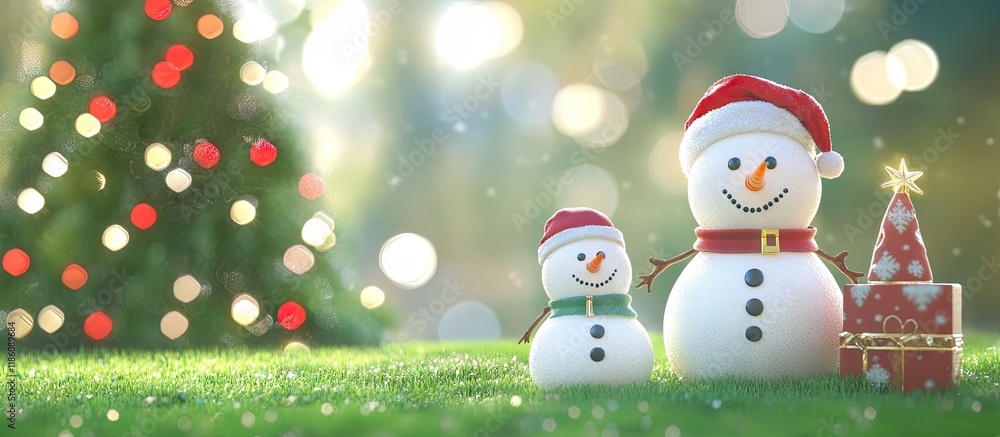 Aufkleber Snowman on green lawn with a Christmas tree Santa Claus and the snowman set against a Christmas tree background. with copy space image. Place for adding text or design
