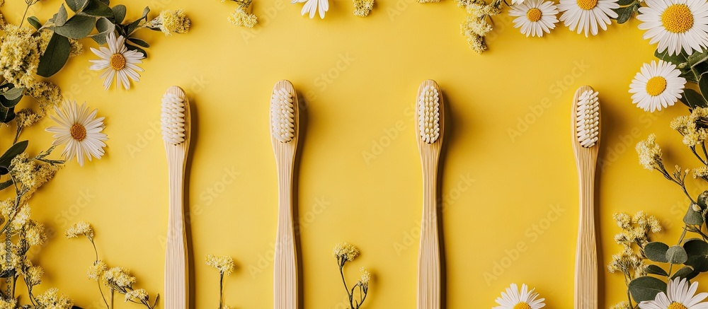 Aufkleber Four bamboo toothbrushes on a yellow backdrop surrounded by a floral frame Eco friendly. with copy space image. Place for adding text or design