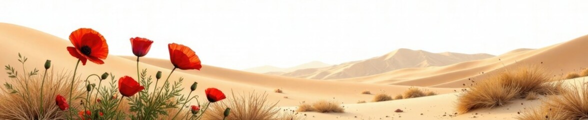 Red poppy in desert landscape isolated on white background, desert flower, poppy, desert
