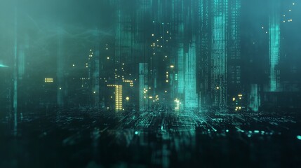 Abstract circuit board landscape with AI processor patterns emerging from surface. Geometric shapes and flowing lines suggest computational paths, illuminated with subtle cyan highlights. Digital