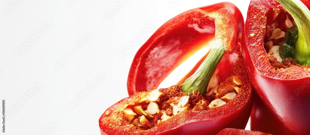 Poster close up of fresh crisp red hot peppers one pepper is cut open revealing its seeds the spices are st
