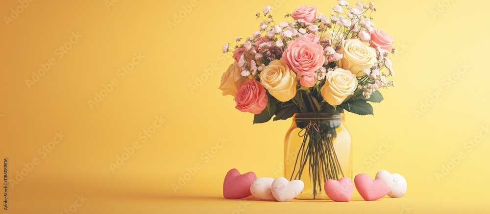 Poster a bouquet of pink and white roses heart shaped stones and flowers on jars against a yellow backgroun