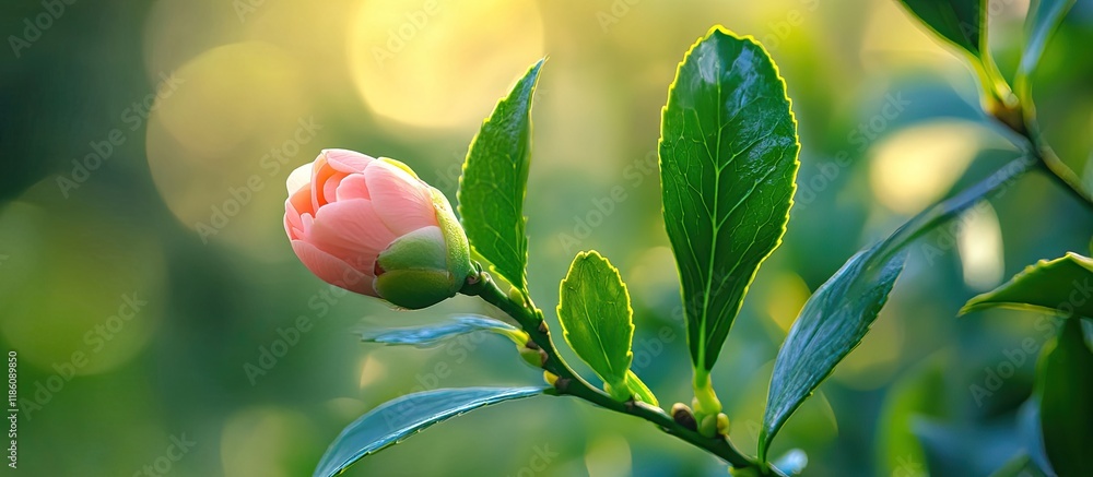 Leinwandbilder an unopened small bud of a soft pink camellia on a bush in the garden horizontal layout space for te